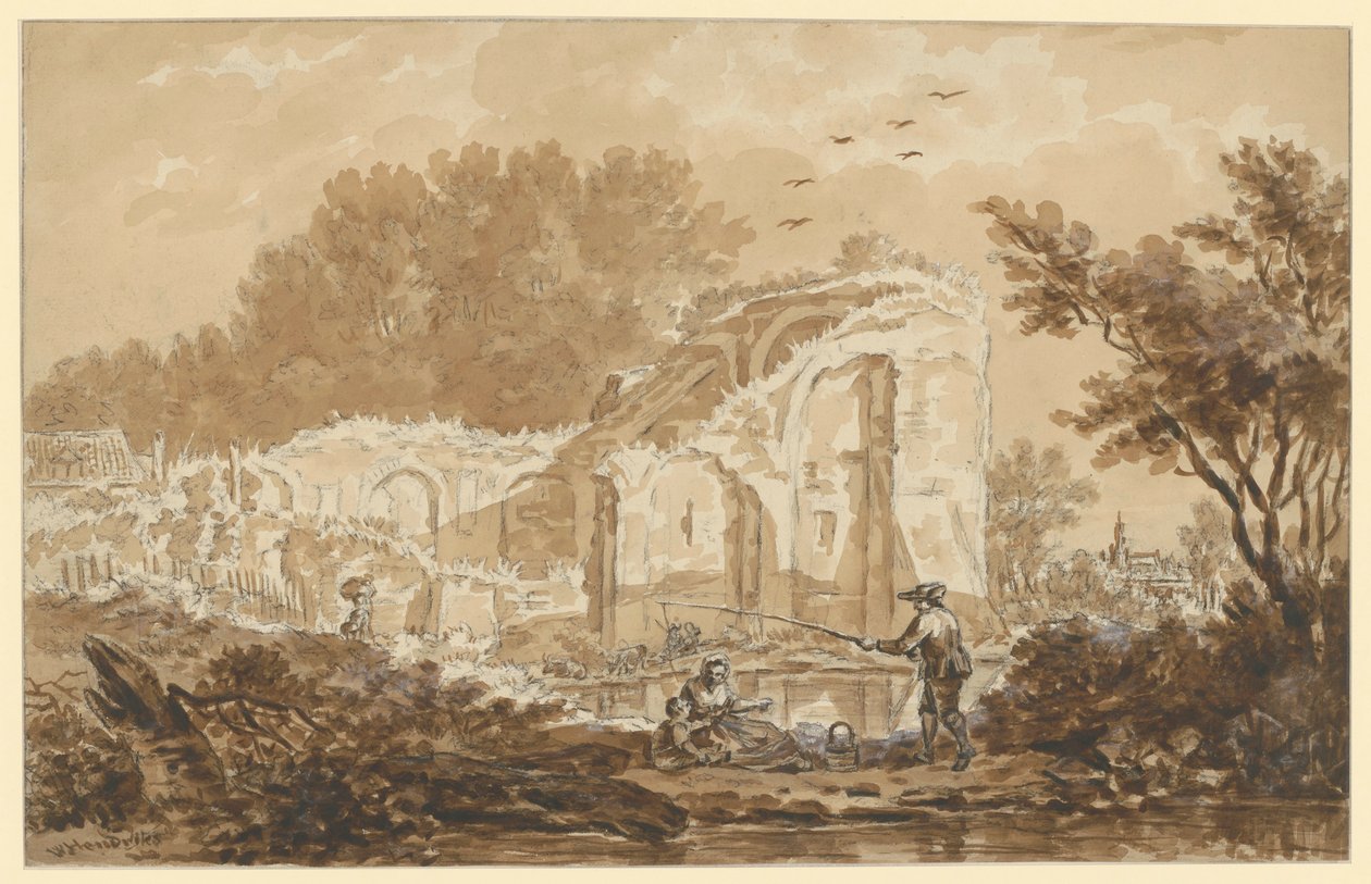 Angler with Wife and Child by a Ruin by Wybrand Hendriks