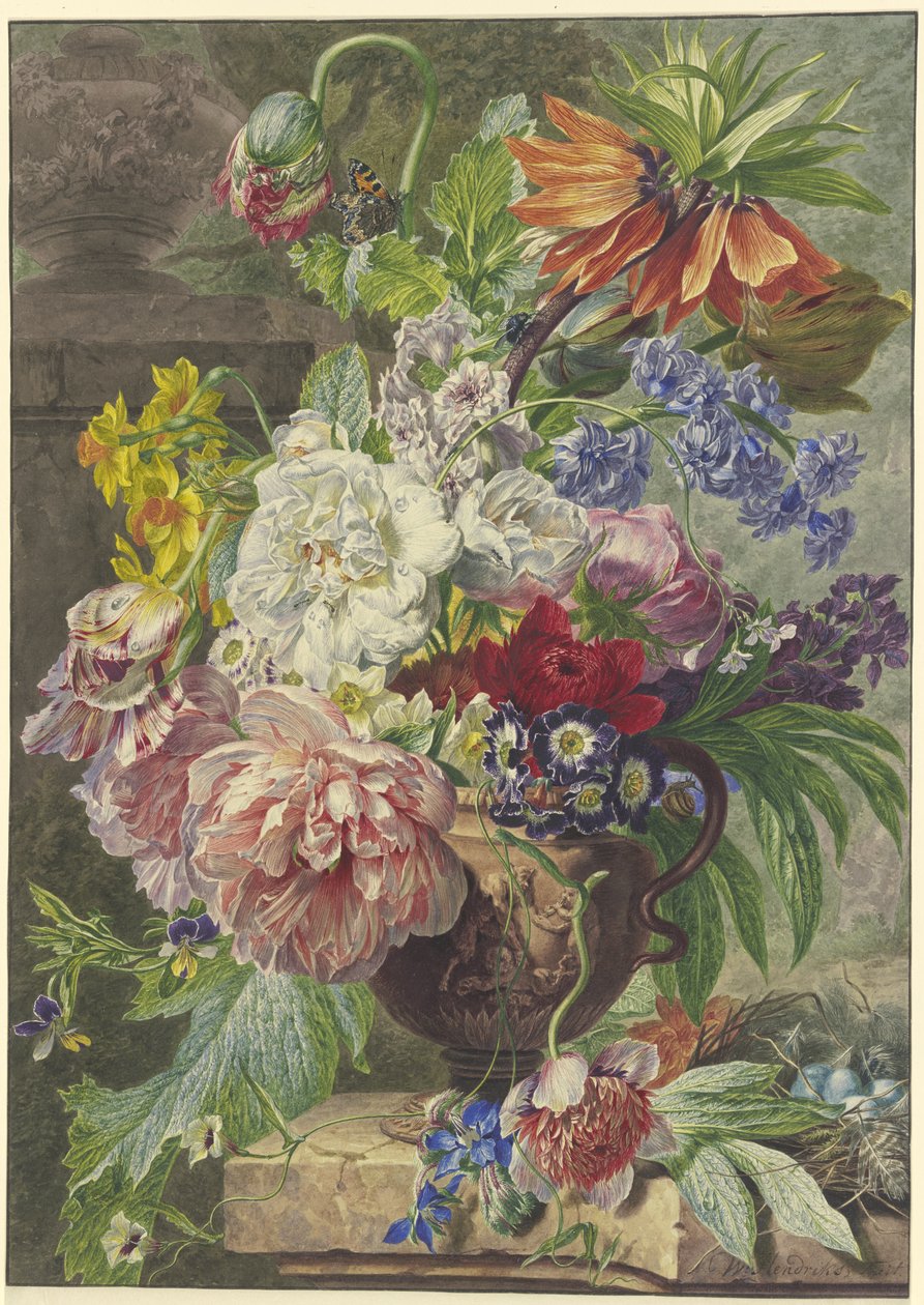 Still Life with Bouquet of Flowers and Bird’s Nest by Wybrand Hendriks