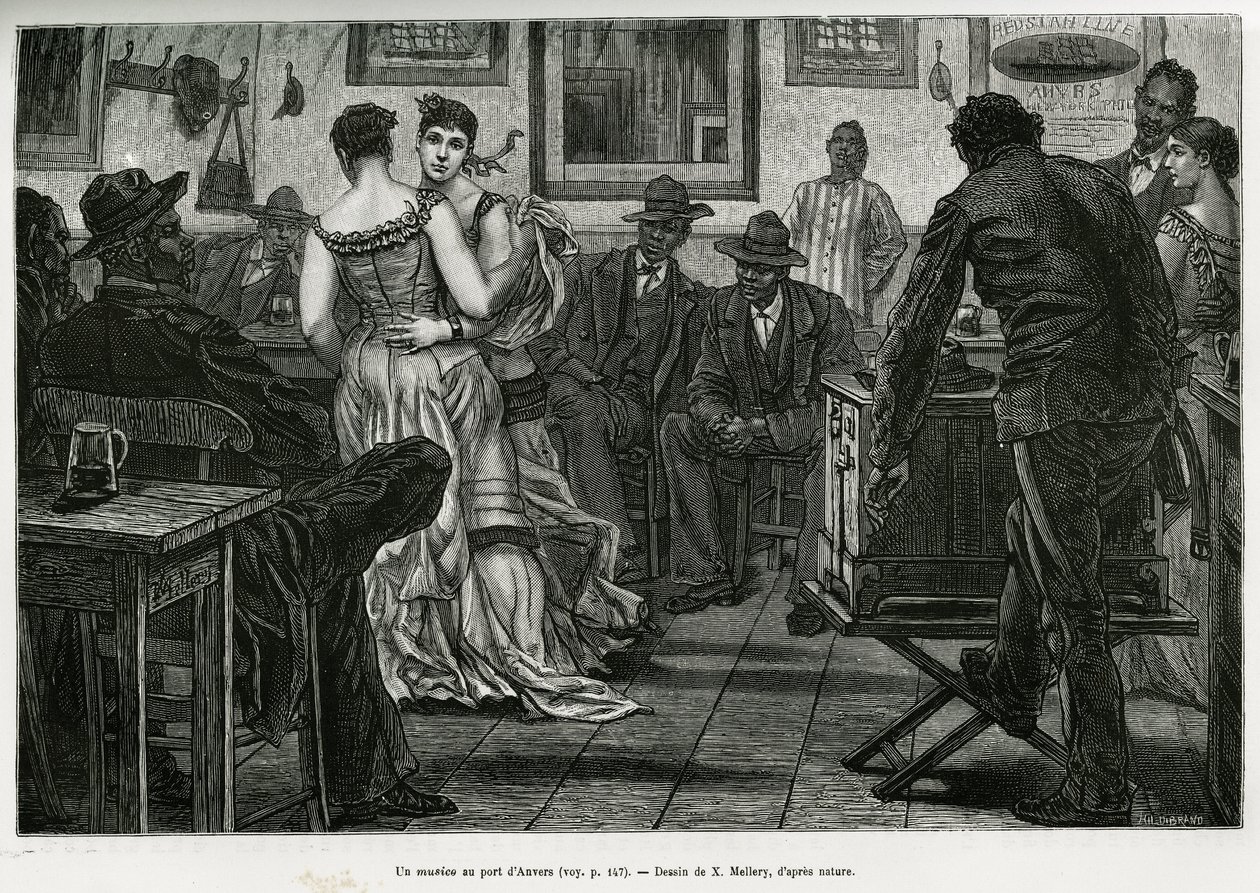A musico at the port of Antwerp, where sailors can drink and dance to the sound of the prickly organ. Engraving by X.Mellery, to illustrate the story of Belgium, by Camille Lemonnier, published in the Tour du monde, edited by Edouard Charton (1807-1890) by Xavier Mellery