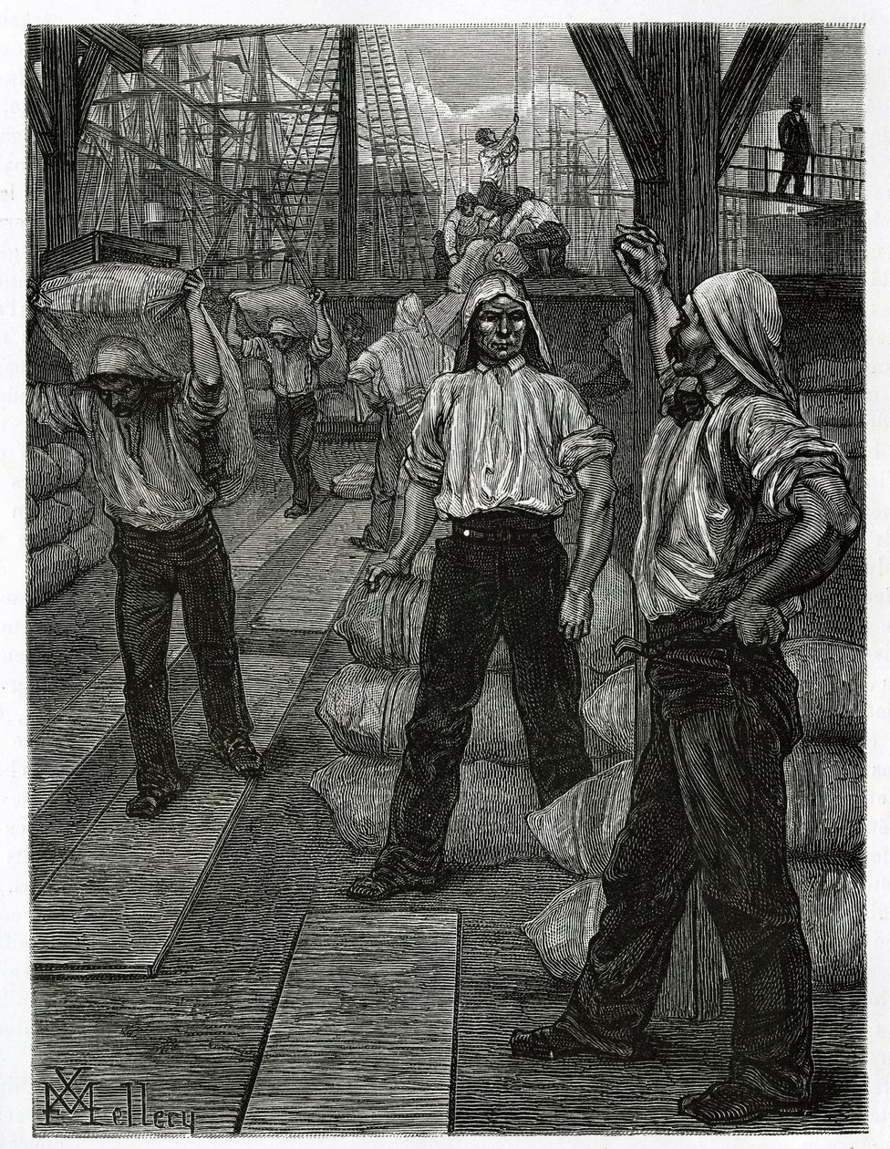 The unloading of a ship, the dockers with their heads covered with a tarmac cap, pile up the goods on the docks of the port of Antwerp. Engraving by X. Mellery, to illustrate the story of Belgium, by Camille Lemonnier, published in the Tour du monde by Xavier Mellery