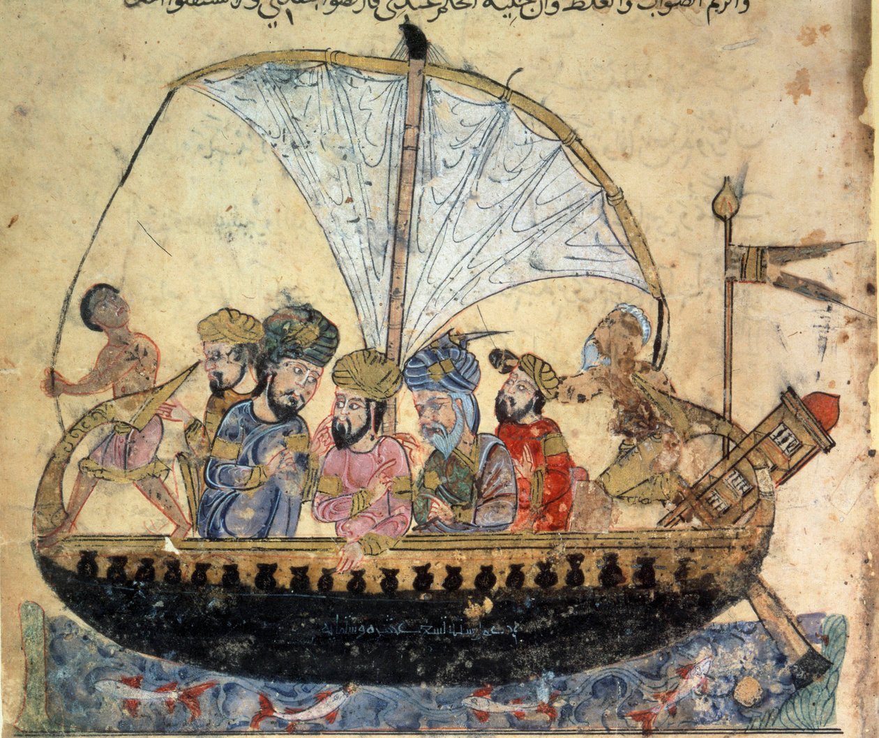 The bourgeois al-Harith, son of Hammam, and the wandering navigator Abu-Zayd on a boat sailing on the Euphrates Miniature from the 