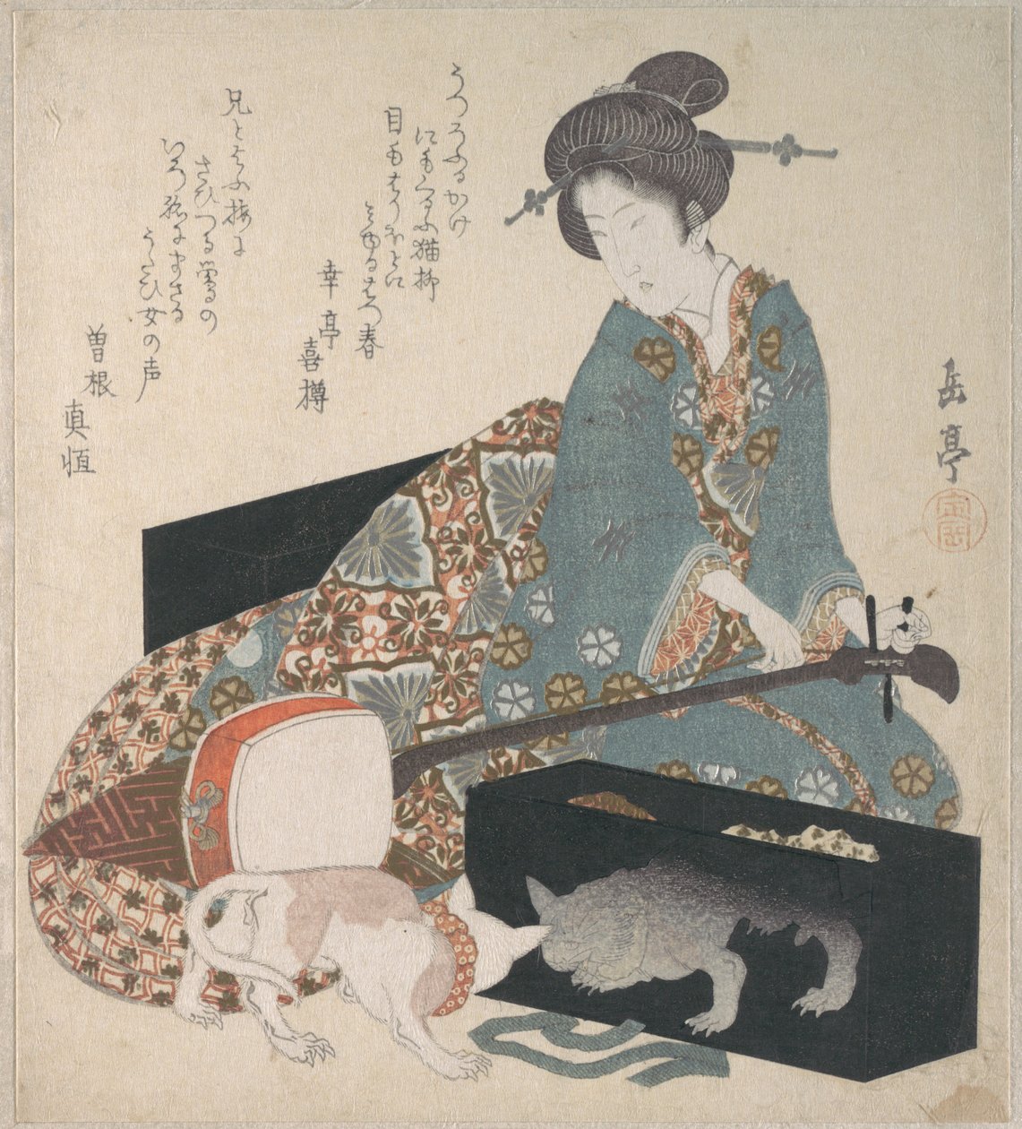 Woman Tuning a Shamisen and a Cat Looking at Its Own Reflection by Yashima Gakutei