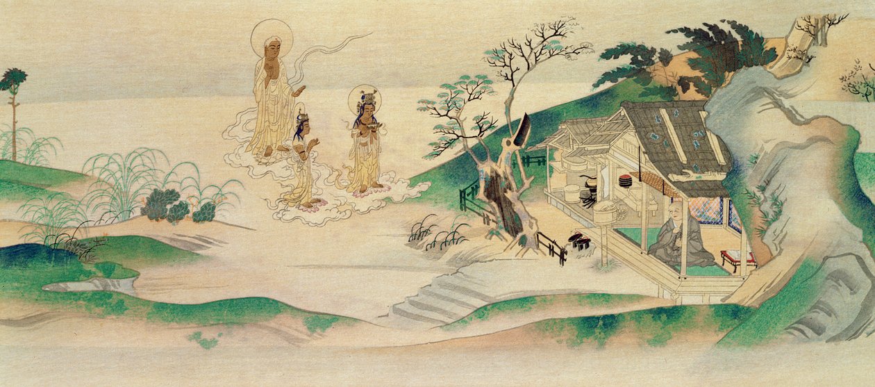 Amitayus Buddha and two Bodhisattvas visiting the monk Honen, illustration published in the magazine Tokka in March 1902 by Yoshimitsu Tosa