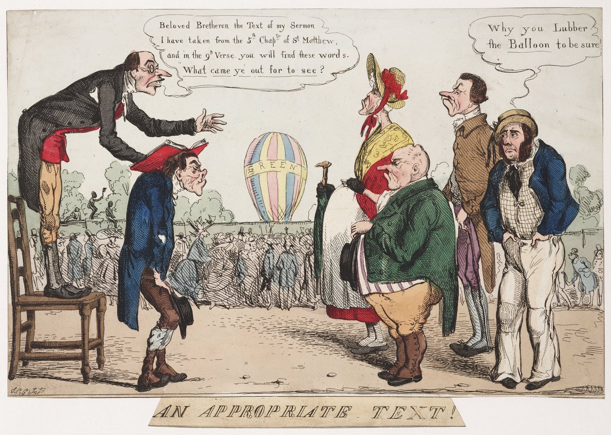 An Appropriate Text!, Satirical Ballooning Sketch, circa 1842 by Frederick (attr. to) Barnard