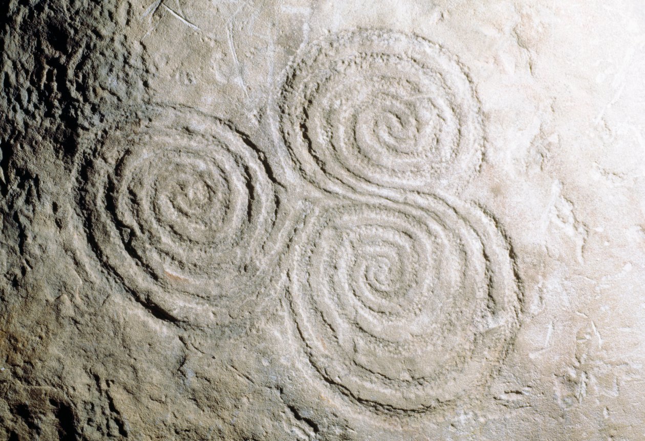 Detail of curvilinear rock engravings in Newgrange Stone Age Passage Tomb by Georg Carl Heinrich Dollmann