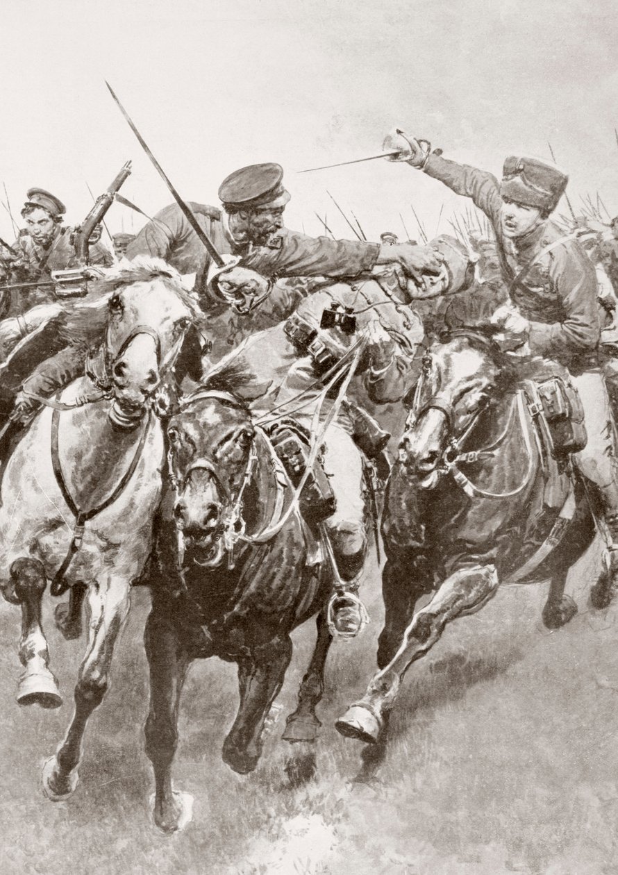 Mounted combat between Russian cossacks and German cavalry known as the Hussars of Death en Schwansfeld, between Korschen and Bartenstein, Eastern Prussia, August 1914 during the First World War, from La Esfera by Ferdinand Georg Waldmuller