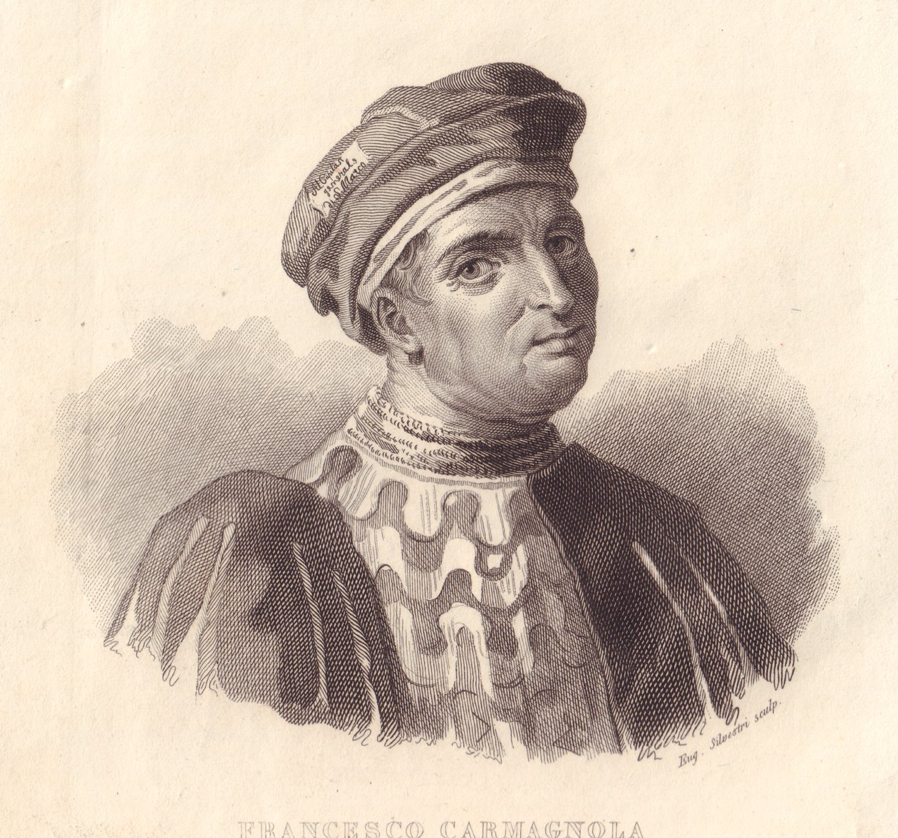 Portrait of Italian military leader Francesco da Bussone also known as Carmagnola, copper engraving by E Silvestri by William Walcutt