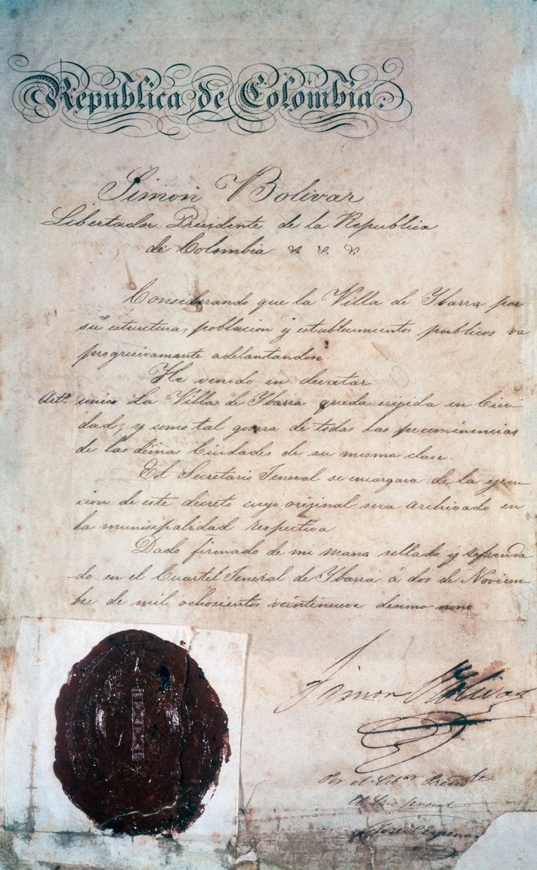The act by which Simon Bolivar declared the city of San Miguel de Ibarra, capital of the surrounding province, at that time part of Greater Colombia (today Ecuador), November 2 by Georg Carl Heinrich Dollmann