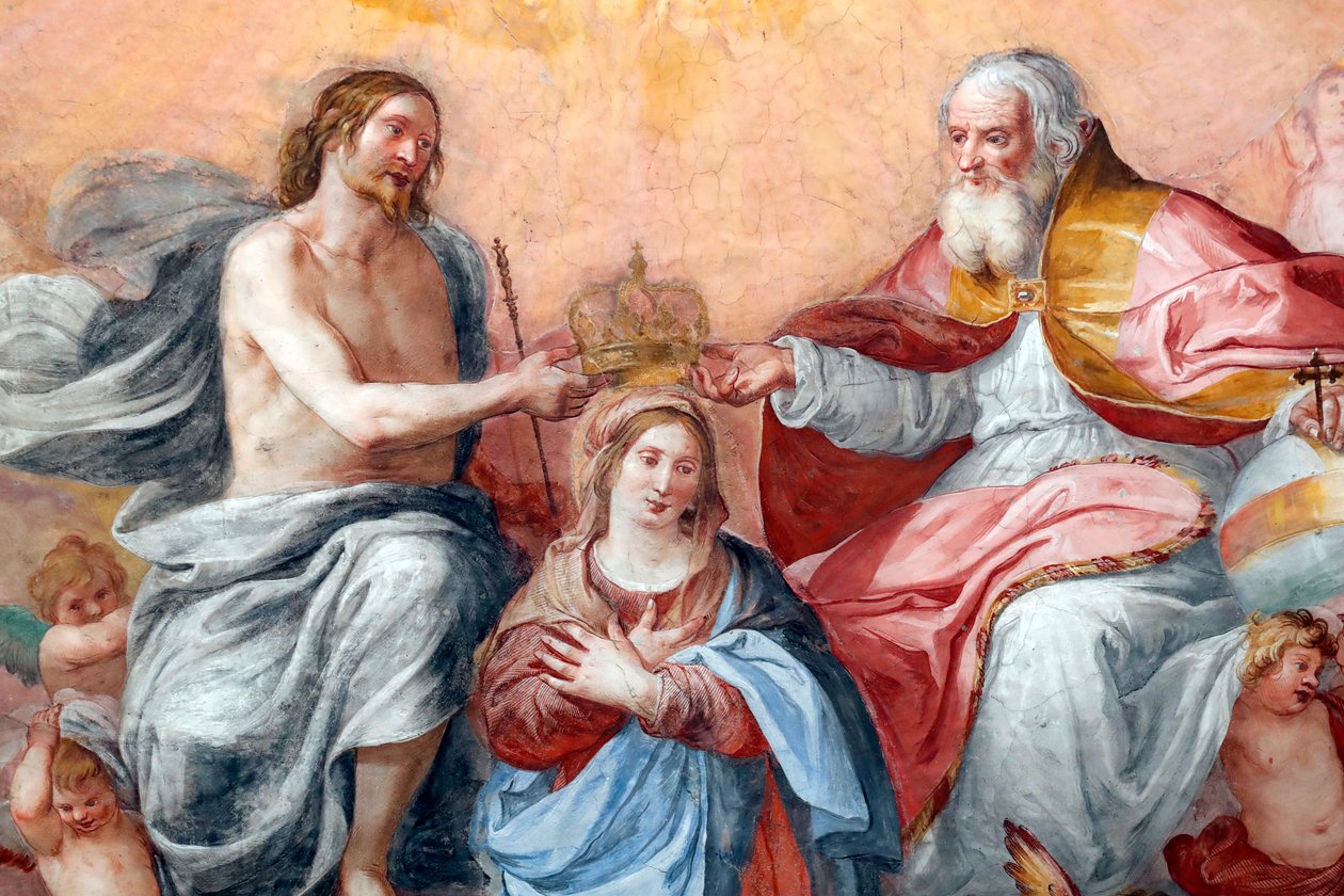 The coronation of the Virgin. Fresco. The Basilica della Santissima Annunziata del Vastato. Genoa. Italy. by . .