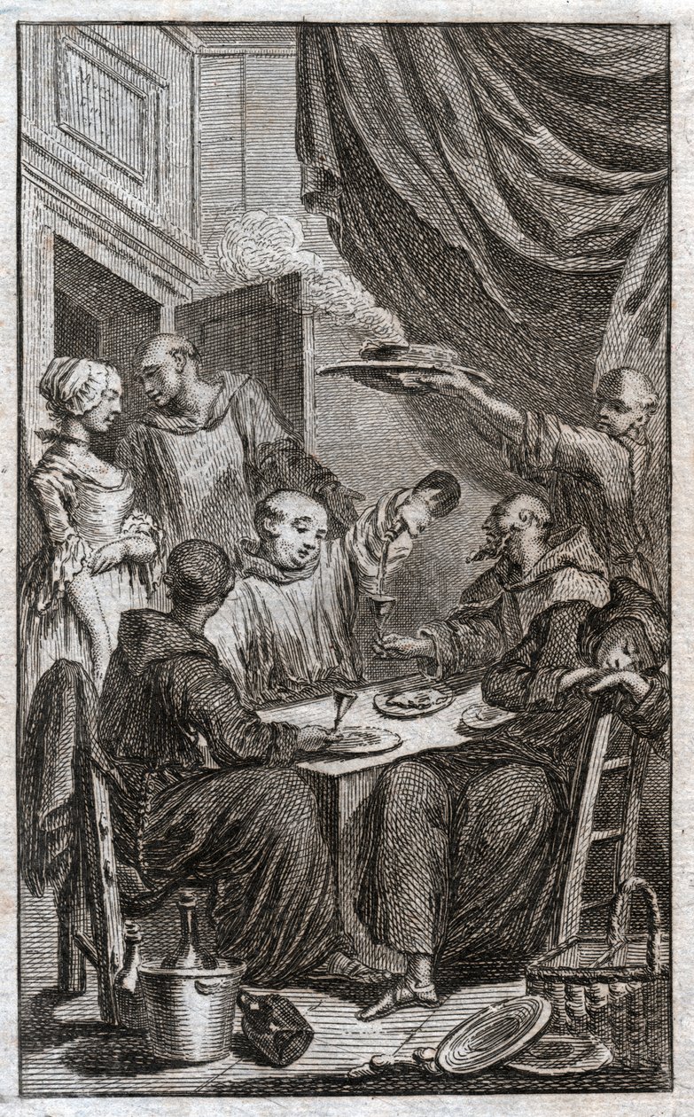 The Feast of Monks Violating Monastic Rules. They Drink Wine, Court the Maids. 18th Century (engraving) by . .
