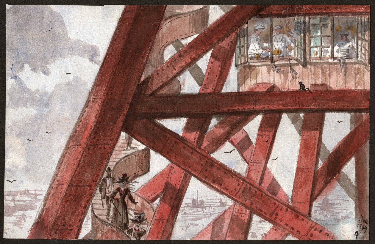 Tourists on the Stairs of the Eiffel Tower, Paris. Chefs Cooking in the Restaurant on the First Floor. 1889 by . .