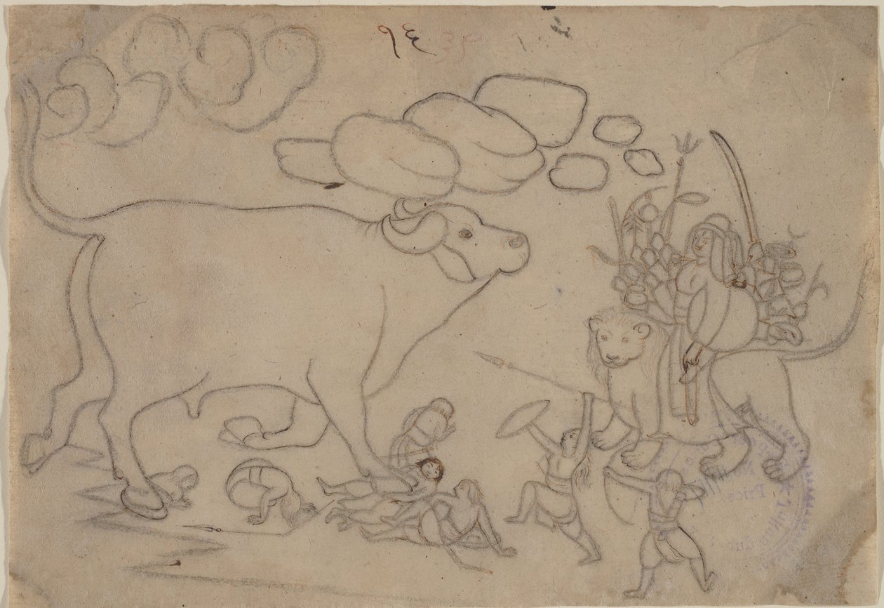 Durga Confronts the Buffalo Demon Mahisha: Scene from the Devi Mahatmya by a first generation master after Nainsukh