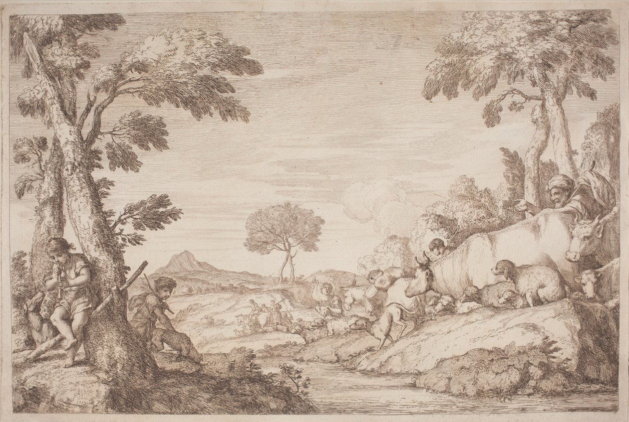 A Pastoral Journey with a Boy Playing His Flute by a Tree by after Giovanni Benedetto Castiglione Gaetano Zompini