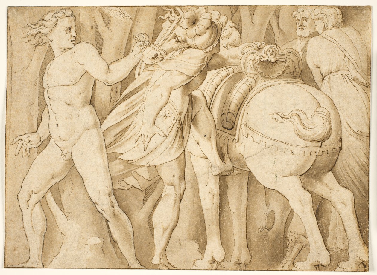 Scene from Roman History? A Man Mounting a Horse Held by a Nude Man by after Polidoro da Caravaggio