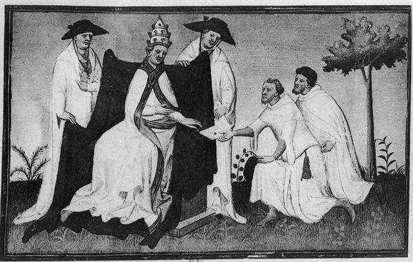 Matteo Polo and Nicolo Polo (d.1299) taking leave of Pope Gregory X (1210-76) from the Livre des Merveilles du Monde by and workshop Boucicaut Master