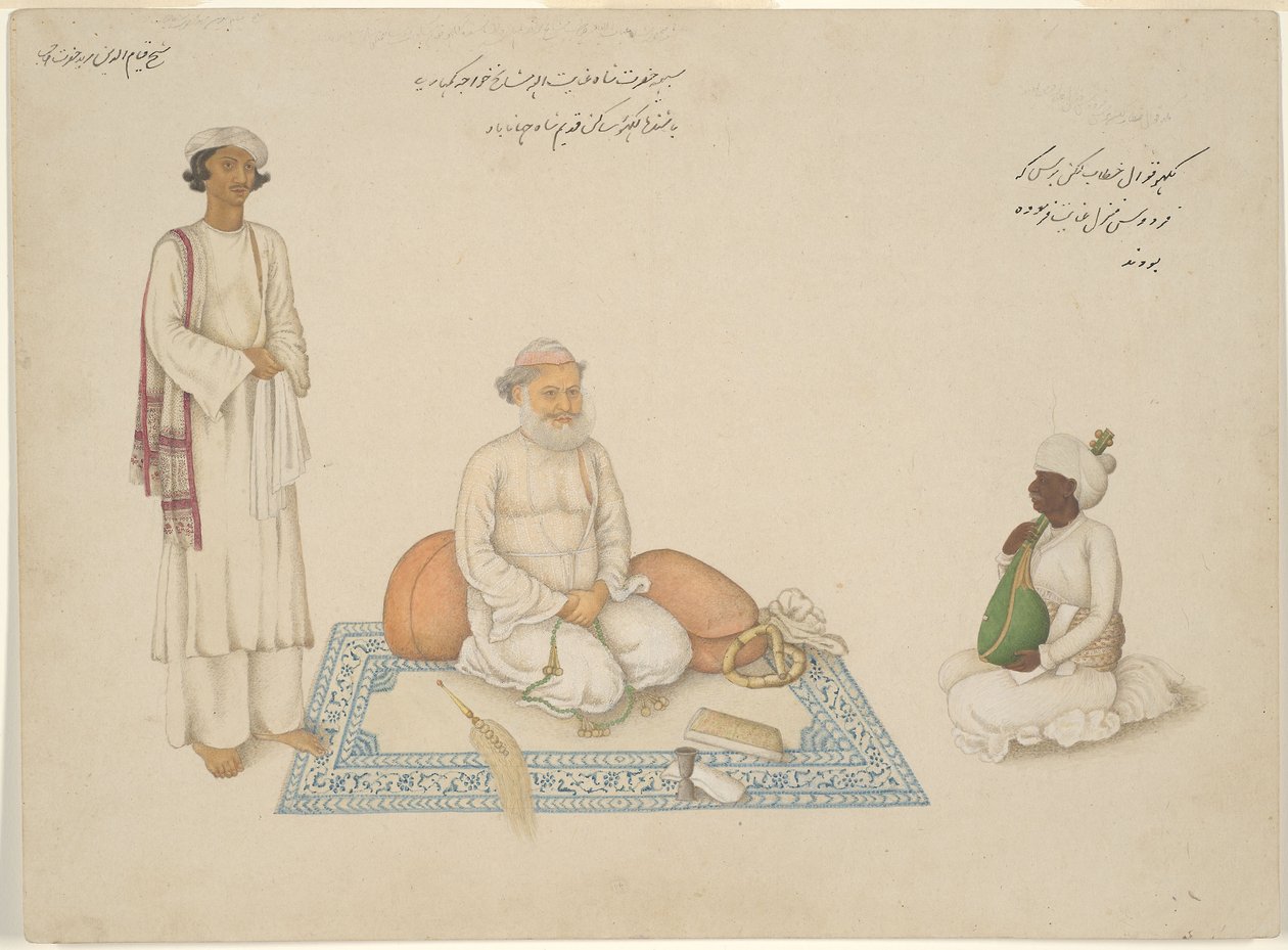 Shah Inayat Allah of Sind with his Musician Makkhu and his Attendant Shaykh Qiyam al-Din, page from the Fraser Album by anonymous 