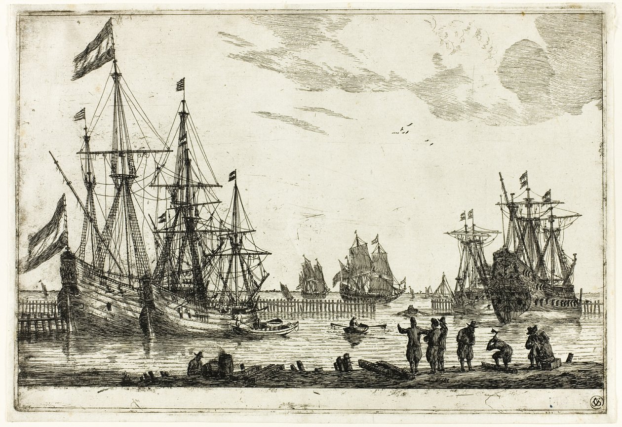 Four Sailing Vessels in a Breakwater, from Thirteen Naval Scenes by called Zeeman Reinier Nooms