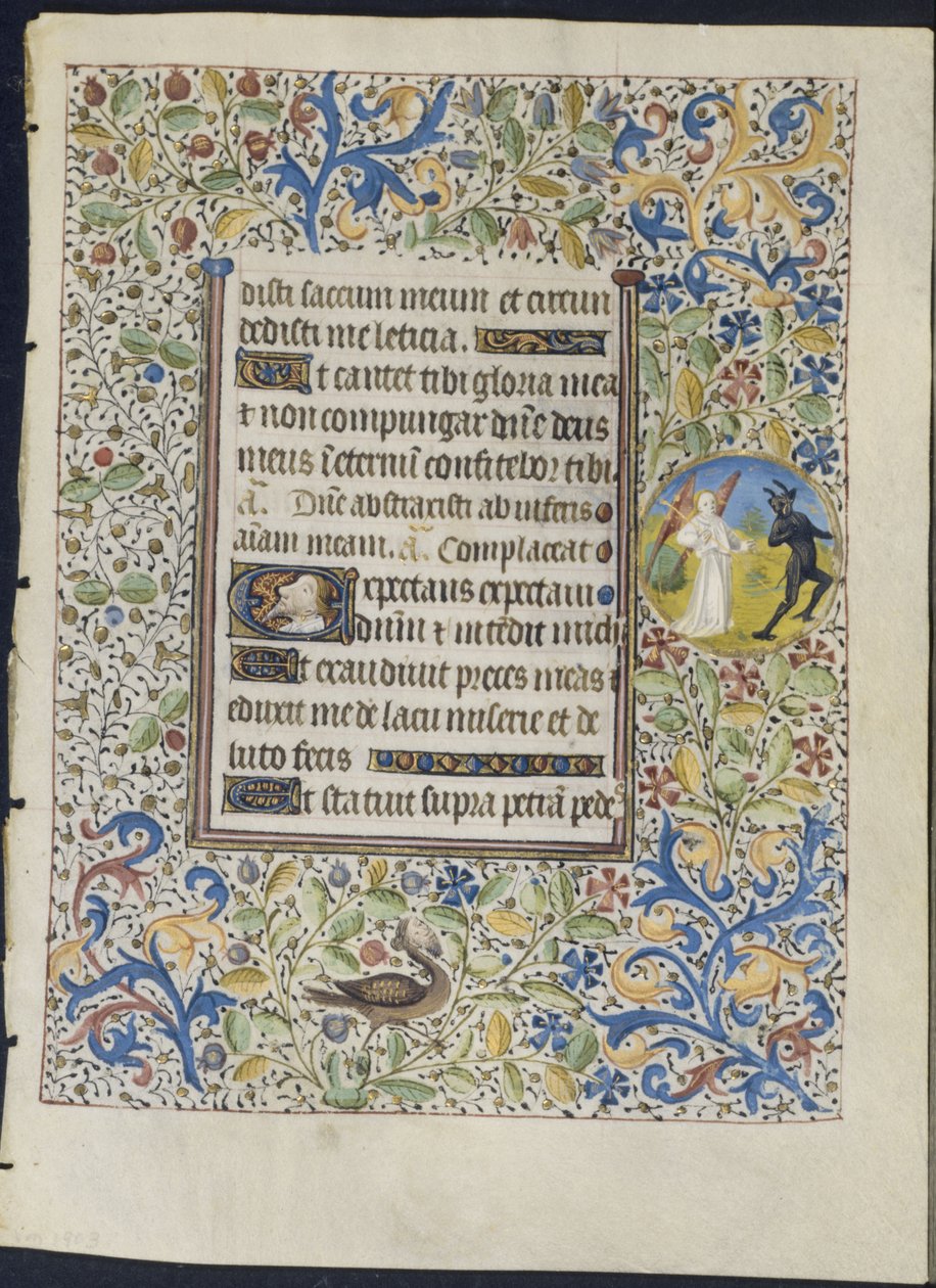 Leaf from a Book of Hours: Angel Chasing a Devil (recto) by circle of Coëtivy Master
