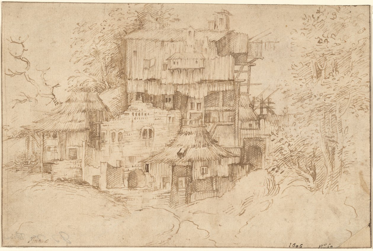 A Complex of Rustic Houses Built Over Ruins by circle of Giorgione