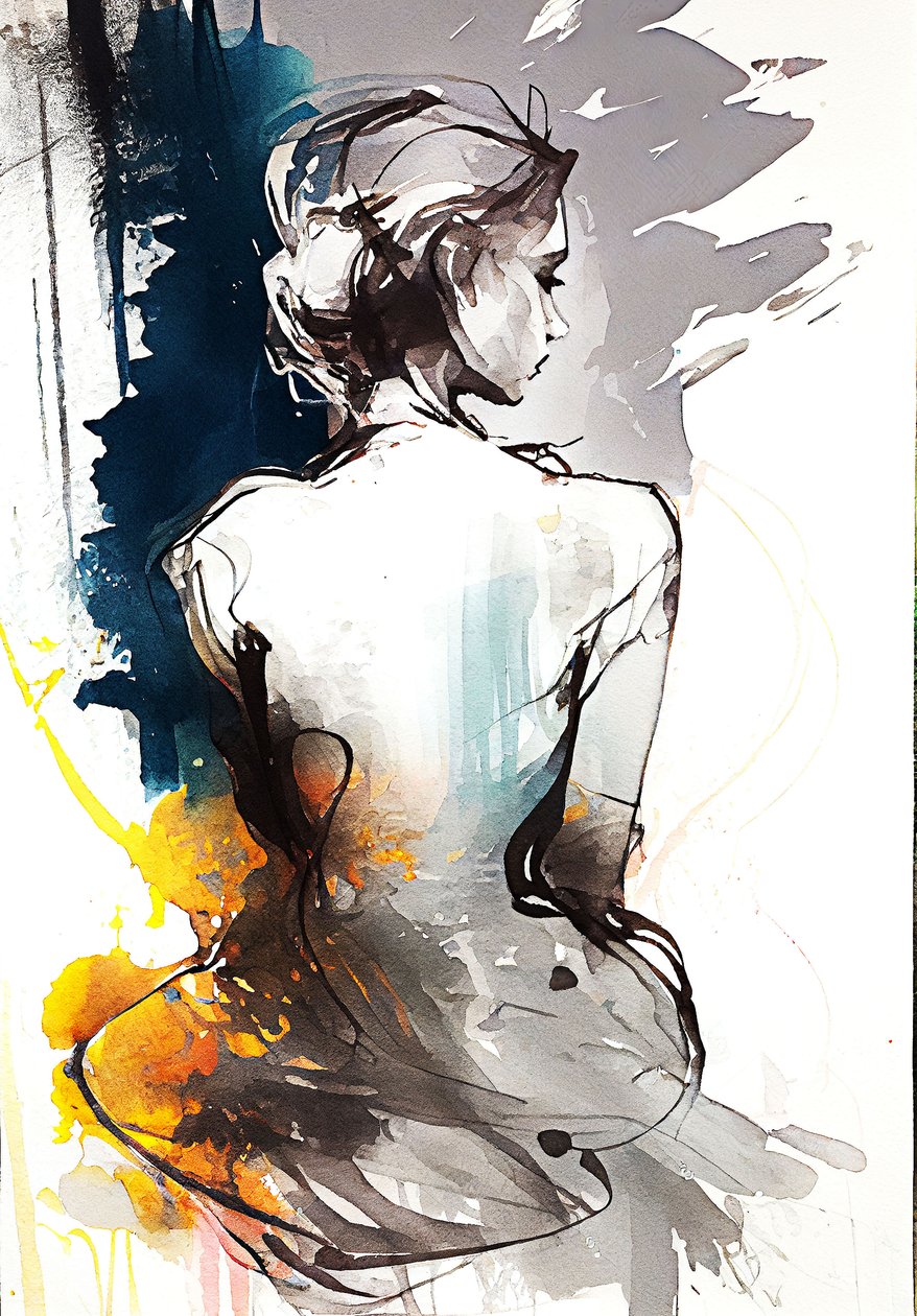 A Painting of a Woman Sitting, Serenity in Silhouette by F. Abderrahim