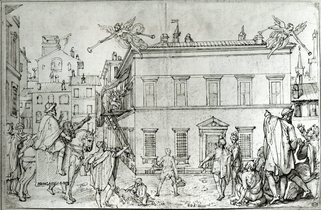 Michelangelo on horseback, visiting an artist by Federico Zuccari or Zuccaro