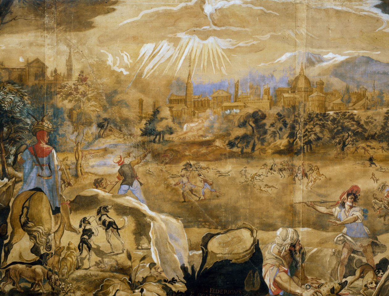 Deer hunting (with ideal view of Florence in background) (detail) by or Zuccaro Federico Zuccari