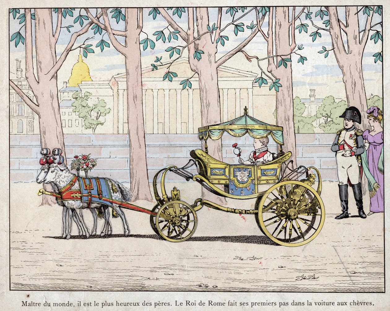 Emperor Napoleon I Bonaparte (1769-1821) with his son Prince Napoleon Francois Charles Joseph Bonaparte, who became the king of Rome Napoleon II also later called the Aiglon - Napoleon watching the King of Italy (Napoleon II) taking his first steps in a ca by pseudonym for Onfray de Breville Jacques Job