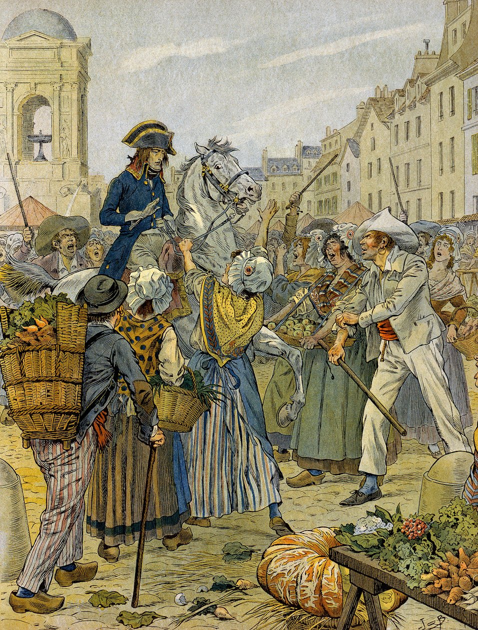 French Revolution 1789: Napoleon I Bonaparte took sides by the revolutionary populace in Les Halles. Illustration by Jacques Marie Gaston Onfray de Breville dit JOB. Private Collection by pseudonym for Onfray de Breville Jacques Job
