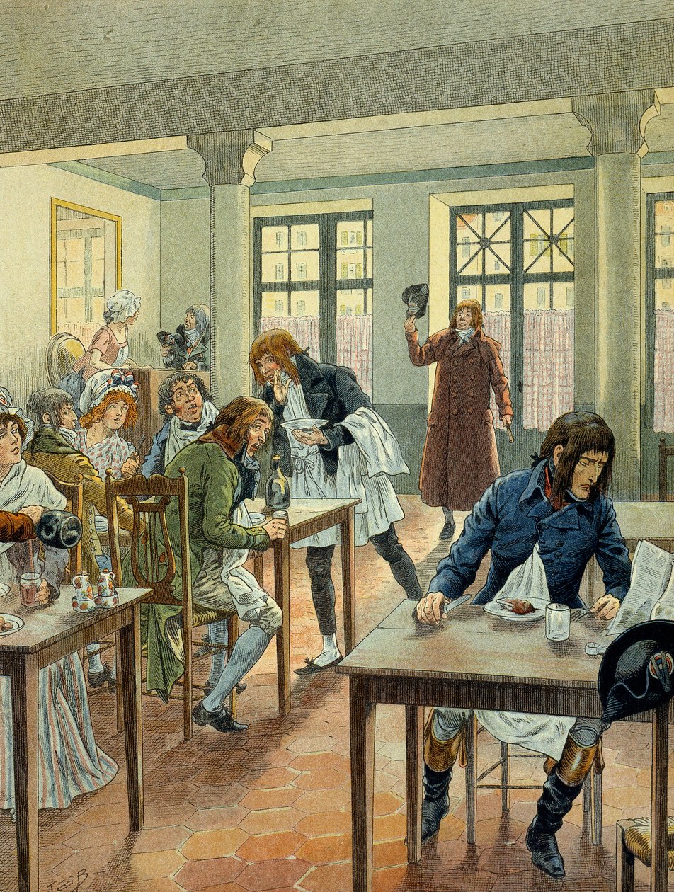 French Revolution of 1789: Napoleon I Bonaparte (1769-1821) young at the gargotier Justat, from the rue des petits peres (Petits-Peres) in Paris, reduced to a single dish which he paid for 6 under the portion. Illustration by Jacques Marie Gaston Onfray de by pseudonym for Onfray de Breville Jacques Job