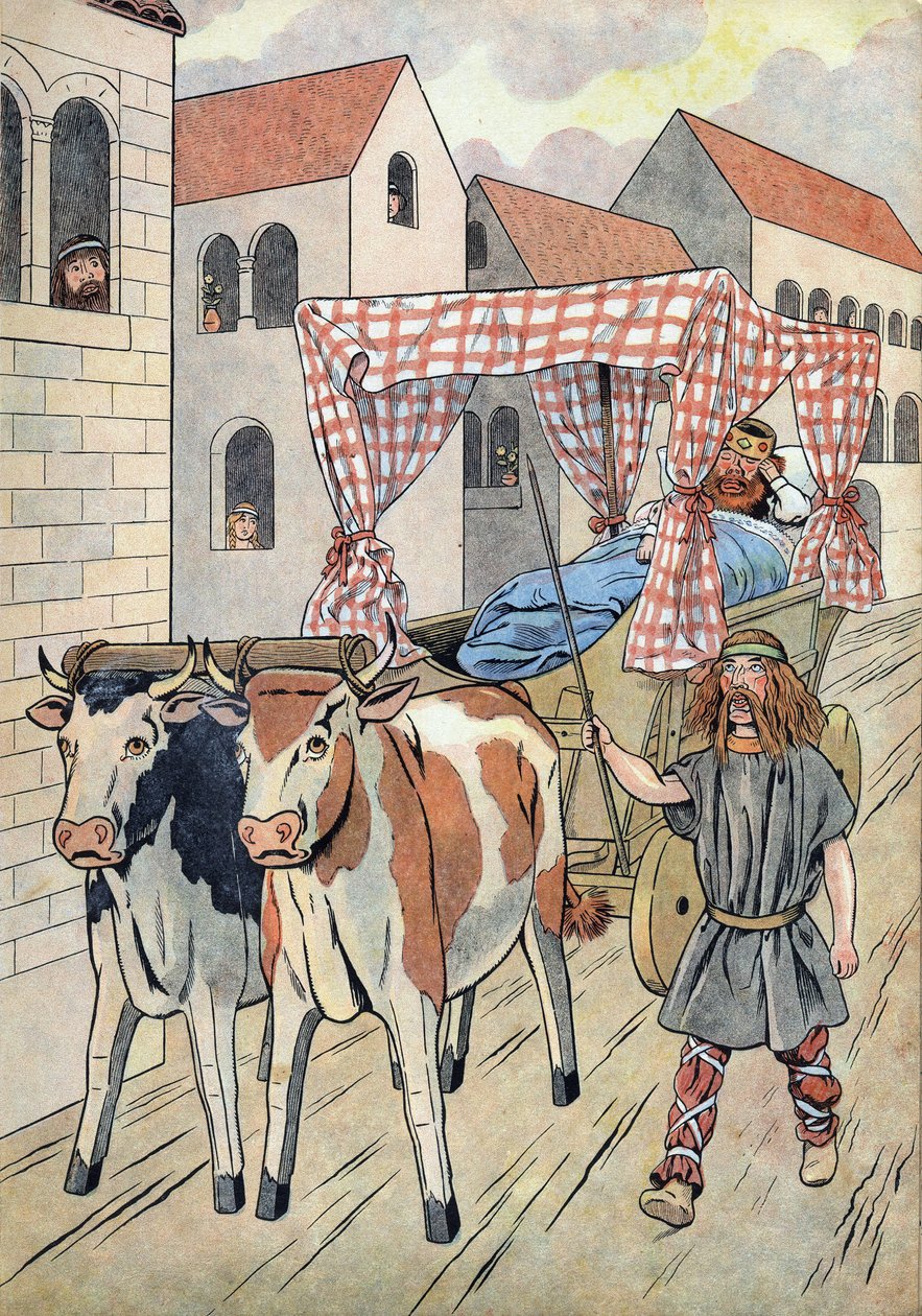 History of France. Scene depicting lazy kings in toys: King of France Thierry III (673-691) carried in a tank with a bed pulled by oxen. In Joujoux a l