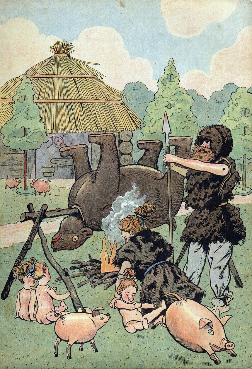 History of France. Scene of Barbarian Gaul with toys: a Gaul and a Gaul dressed in bear skin cook a bear to feed their family. in Joujoux à l