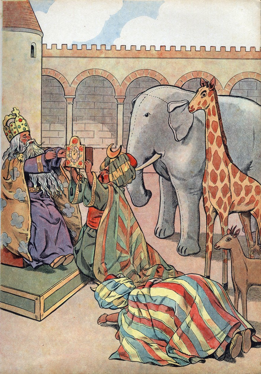 History of France. Scene of the life of Charlemagne in toys: Caliph Haron Al Rashid gives the King of France Charlemagne (742-814) a giraffe, an elephant and a clock. In Joujoux a l