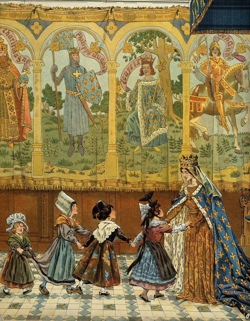 History of France in the Middle Ages: Allegory of the French provinces attested to the crown of France under the reign of King Louis XI called the Prudent (1423-1483) - Illustration by Jacques Marie Gaston Onfray de Breville (1858-1931) by pseudonym for Onfray de Breville Jacques Job