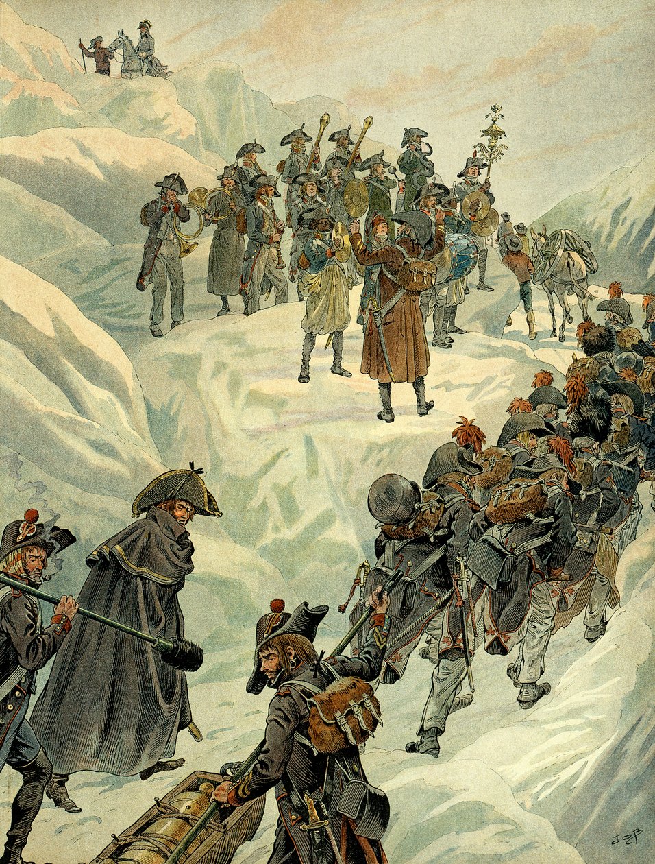 Italian Campaign: passage of the Saint Bernard pass into the Alps by the army of Napoleon I Bonaparte on 20 May 1800. Illustration by Jacques Marie Gaston Onfray de Breville dit JOB by pseudonym for Onfray de Breville Jacques Job