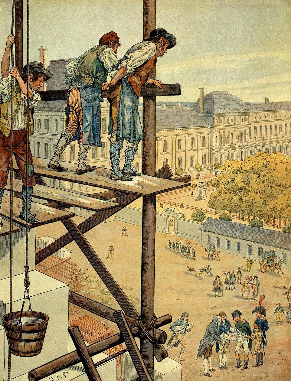 Napoleon I Bonaparte (1769-1821) attentive to the architectural and urban works of the connection between the Louvre and the Palais des Tuileries in Paris by pseudonym for Onfray de Breville Jacques Job
