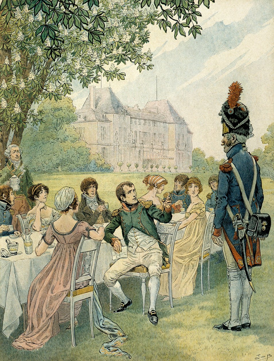 Napoleon I Bonaparte (1769-1821) during a lunch in the gardens of the castle of Malmaison by pseudonym for Onfray de Breville Jacques Job