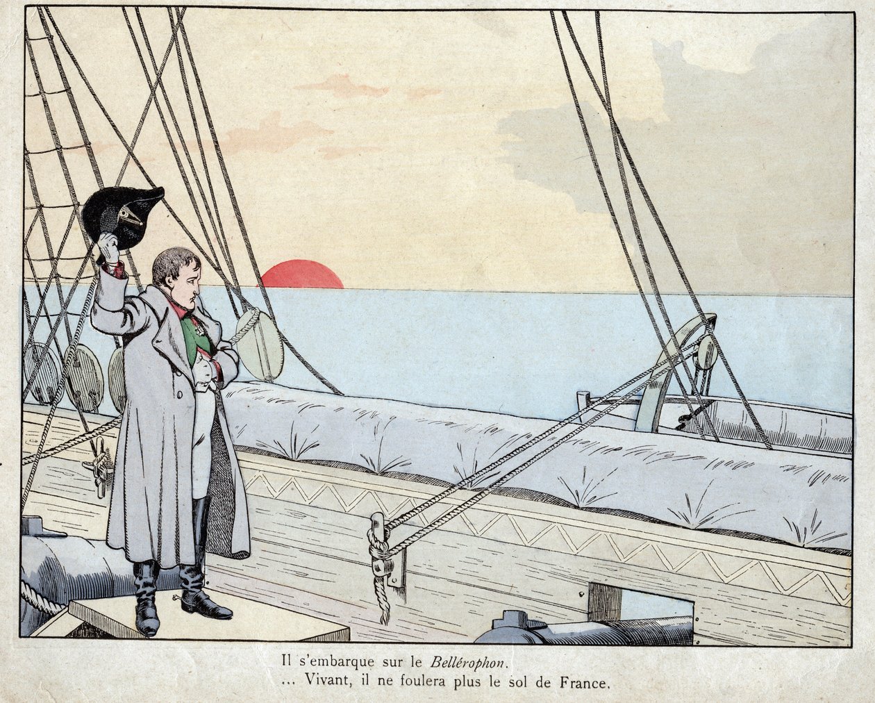 Napoleon on board HMS Bellerophon 1815 (lithograph by Job from Le Grand Napoleon des Petites Enfants) by pseudonym for Onfray de Breville Jacques Job