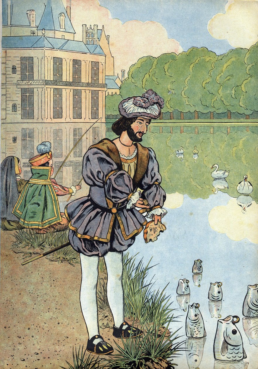 Scene of the history of France in toys: the King of France Francois I gives bread to the fish of the park of Fontainebleau - In 