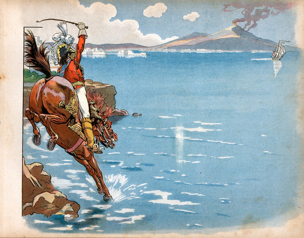The English rode on the coasts of his state, and while riding on horseback on the seashore, Joachim Murat, king of Naples, saw an English frigate, pushed his horse into the water and charged. Engraving by Jacques Marie Gaston Onfray de Breville by pseudonym for Onfray de Breville Jacques Job