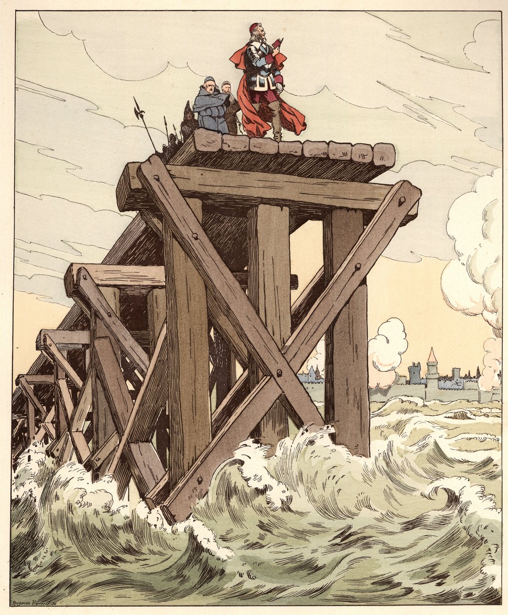 The fog is very great on France but the sun will dissipate them words of Armand Jean du Plessis, cardinal of Richelieu (1585-1642) with in hand a Quinte-Curce on the dam built for the siege of La Rochelle in 1628. Illustration of Job (Jacques Onfray de Bre by pseudonym for Onfray de Breville Jacques Job