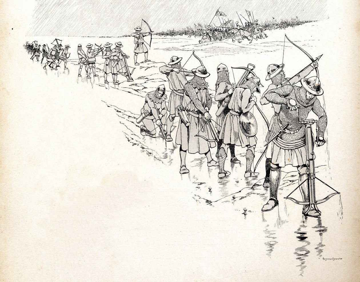 The rain puts the archers of the army of the French king Philip VI out of battle by wetting the ropes of the bows during the Battle of Crecy in 1346 at the beginning of the Hundred Years