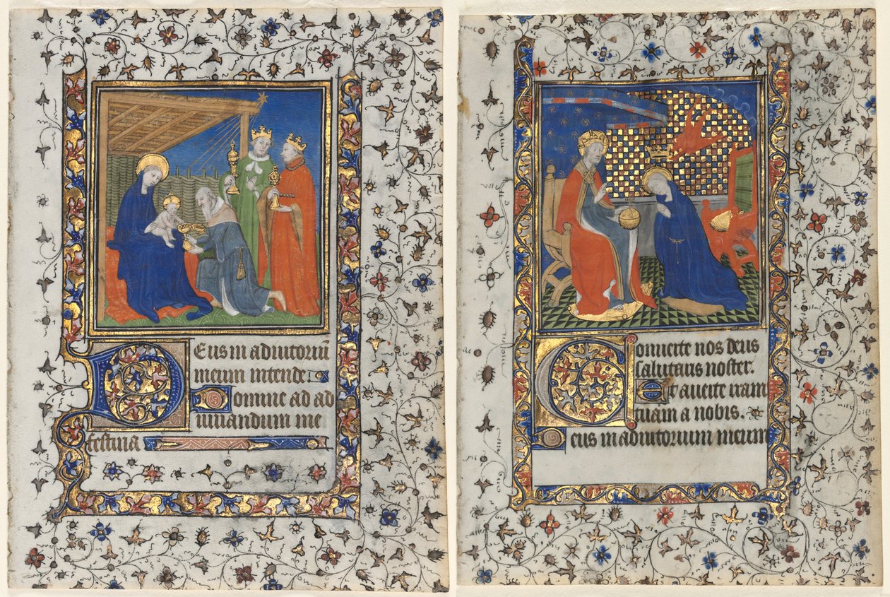 Bifolio from a Book of Hours: Adoration of the Magi and Coronation of the Virgin by workshop of Boucicaut Master