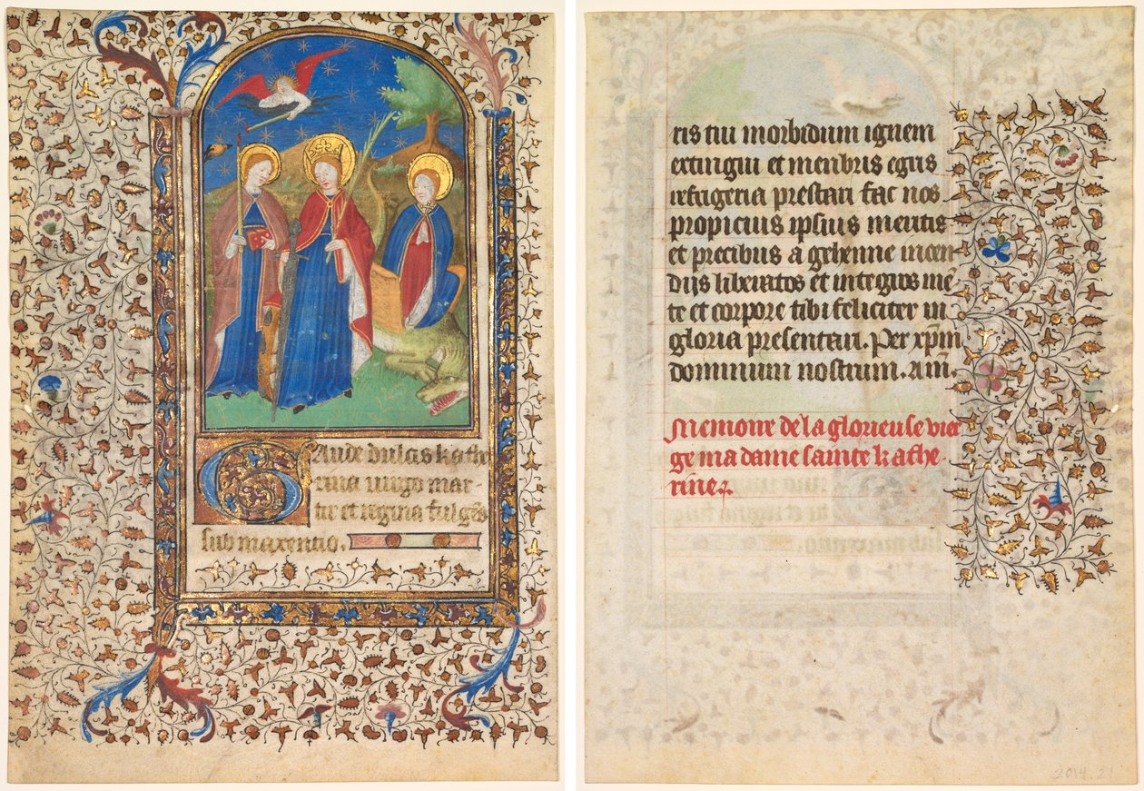 Leaf from a Book of Hours: Sts. Geneviève, Catherine of Alexandria, and Margaret (recto) and Text (verso) by workshop of Boucicaut Master