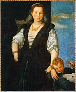 Portrait of a woman with a child and a dog