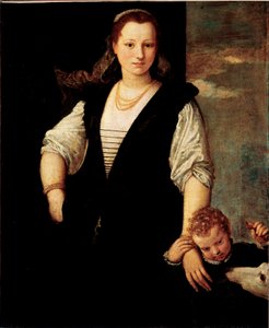 Portrait of a woman with a child and a dog
