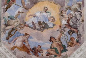 Universal Harmony surrounded by gods: Zeus with an eagle, Mars, Apollo with the lyre, Venus, Mercury with caduceus, Diana with dogs, and Saturn