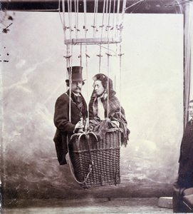Photographic portrait of photographer and aerostat pilot Felix Tournachon dit Nadar and his wife posing in a balloon basket by Nadar