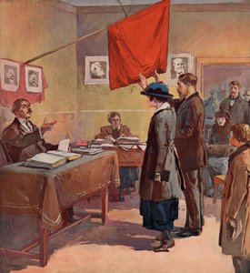 Civil marriage performed by a provincial commissar in Soviet Russia under the aegis of the Red Flag