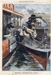 Fatal accident on the Seine: an employee of the company des Bateaux Parisiens dies crashed between two boats near the Charenton bridge. Engraving in Le Petit Parisien on 17/02/1901.