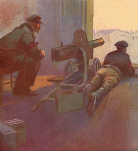 Red Guards with a machine gun pointing out of the window of a building, Russian Revolution